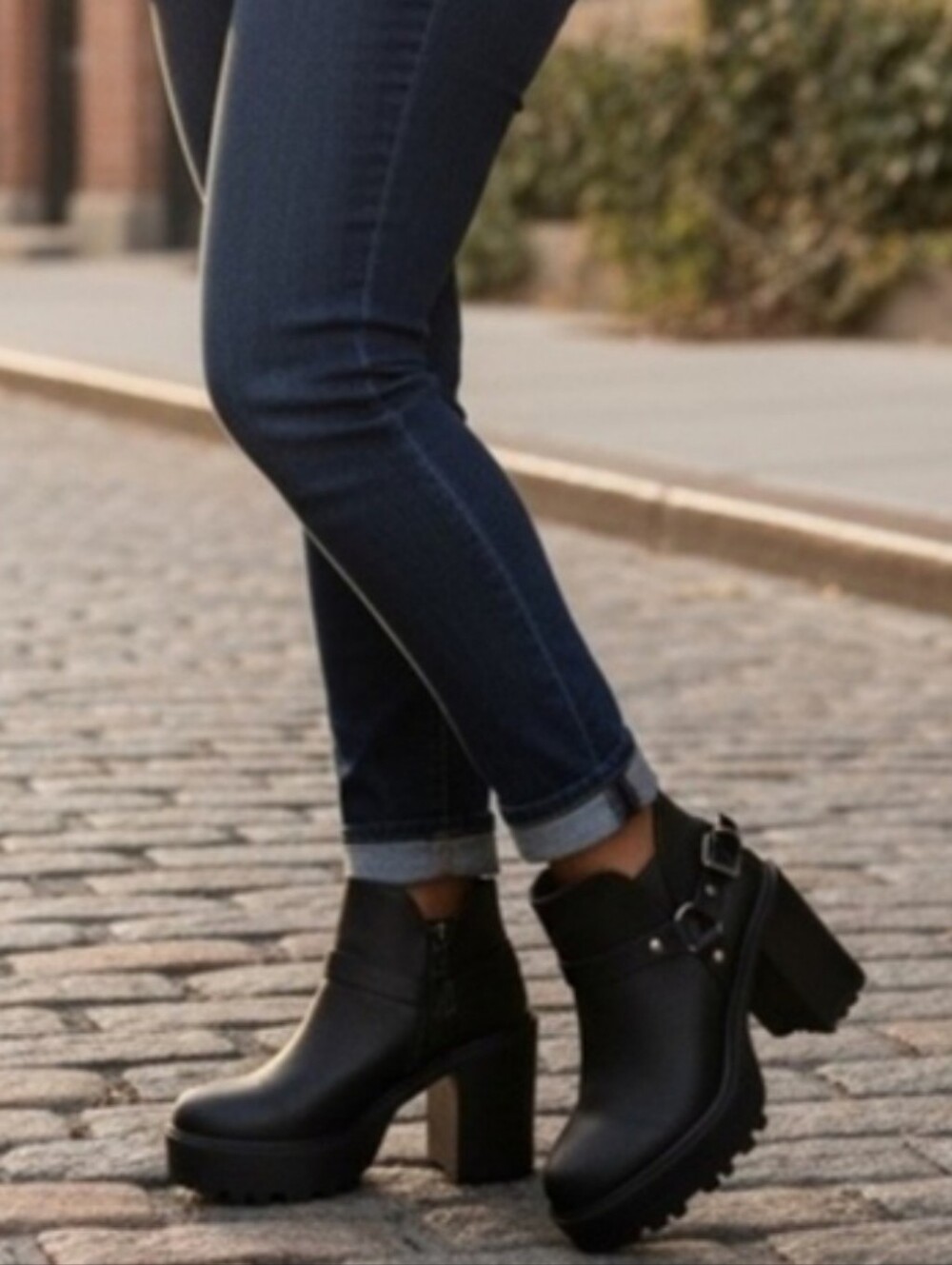 torrid Black Lug Sole Platform Ankle Booties with Harness Buckle